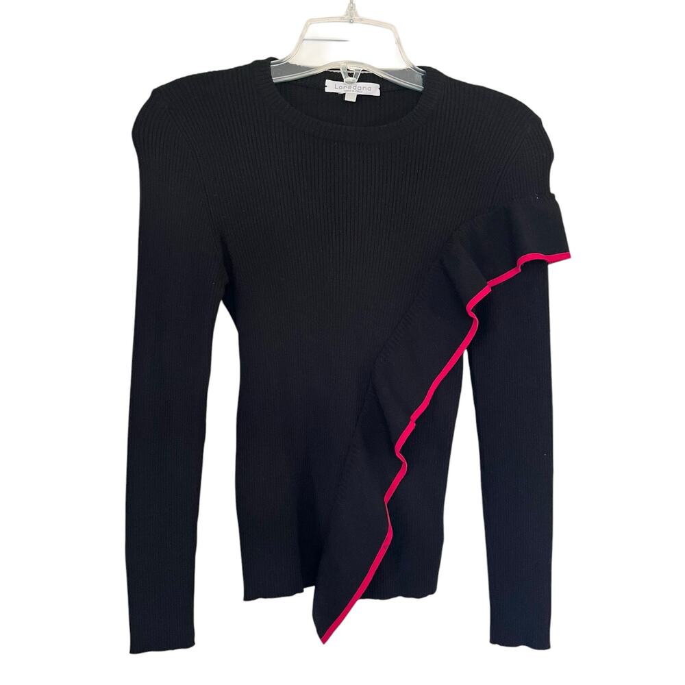Loredana Black Ribbed Knit Red Trim Asymmetric Ruffle Crewneck Sweater Size M